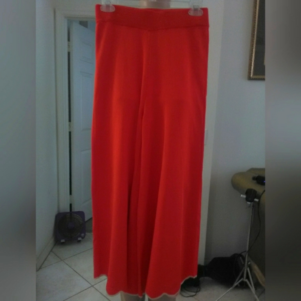 BNWT ZARA KNIT ORANGE Wide-Leg Pants W/ SCALLOPED WHITE HEMS STRETCHY SZ.M 🔥🔥